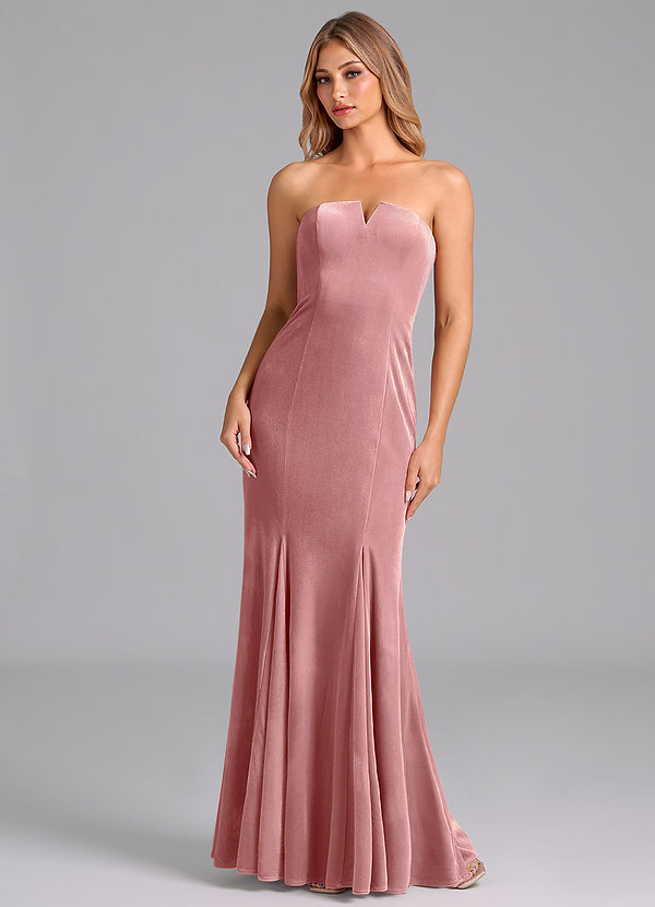 Azazie Yinnie Robes Demoiselle d'honneur Robe Sirène Convertible en velours Sans bretelle Rose Poussiéreuse image1