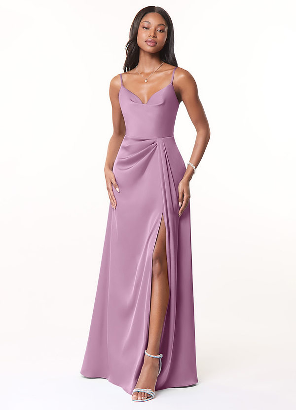 Azazie Brielle Bridesmaid Dresses Wisteria A-Line Cowl Spaghetti Straps Stretch Satin Dress image1