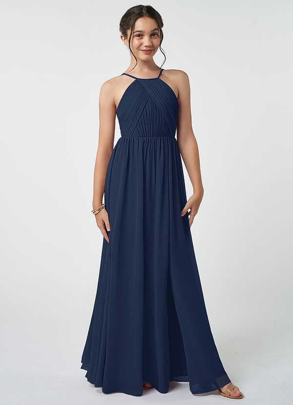 Azazie Leighton Junior Dark Navy A-Line Pleated Chiffon Dress image1