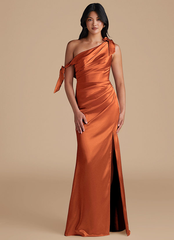 Azazie Xyla Bridesmaid Dresses Burnt Orange Sheath Off the Shoulder Metallic Satin Convertible Dress image1