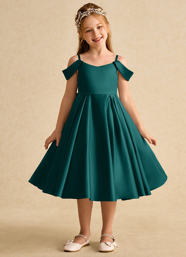 Azazie Favia Flower Girl Dresses Peacock A-Line Off the Shoulder Matte Satin Dress image1