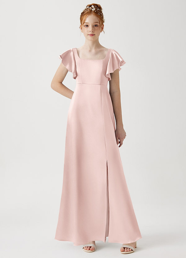 Azazie Bondi Junior Blushing Pink A-Line Side Slit Metallic Satin Dress image1