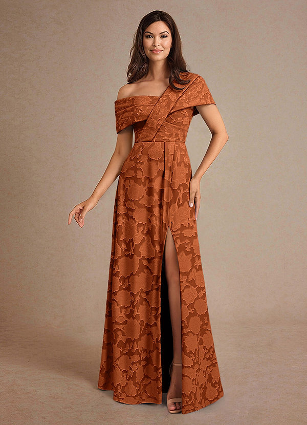 Azazie A-Line/Princess Asymmetrical Neckline Floor-Length Floral Burnout Mother of The Bride or Groom Dresses - Burnt Orange