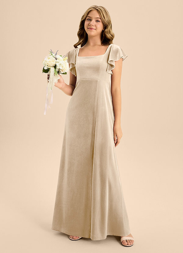 Azazie Bondi Junior Vestido de Champán de terciopelo de Corte en A con Lazo image1