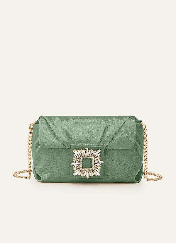 front Matching Color Stretch Satin Rhinestone Square Buckle Clutch