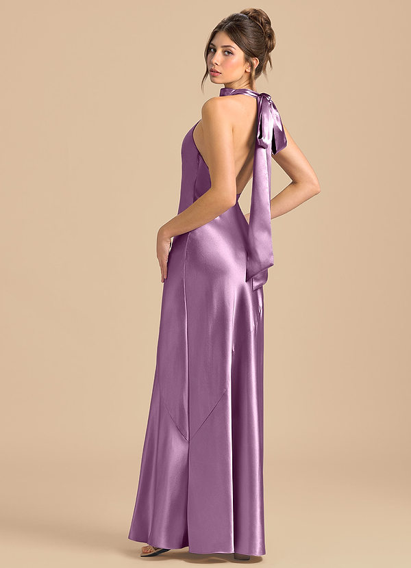 Azazie Velli Robes Demoiselle d'honneur Robe Fourreau en Satiné métallisé Col Haut Glycine image1