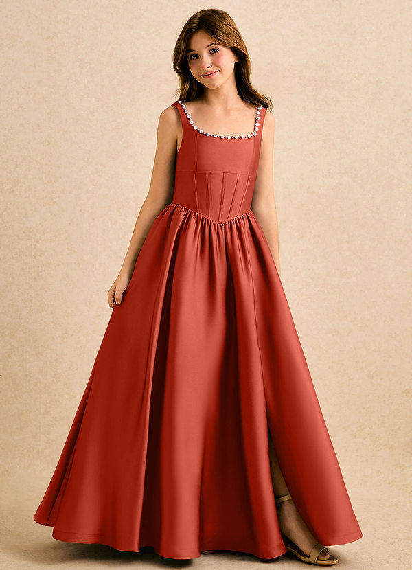 Azazie Enid Girls Formal Sukienki dla dziewczynek sypiących kwiaty Linia A Zroszony Satyna elastyczna Długość podłogi Sukienka image1