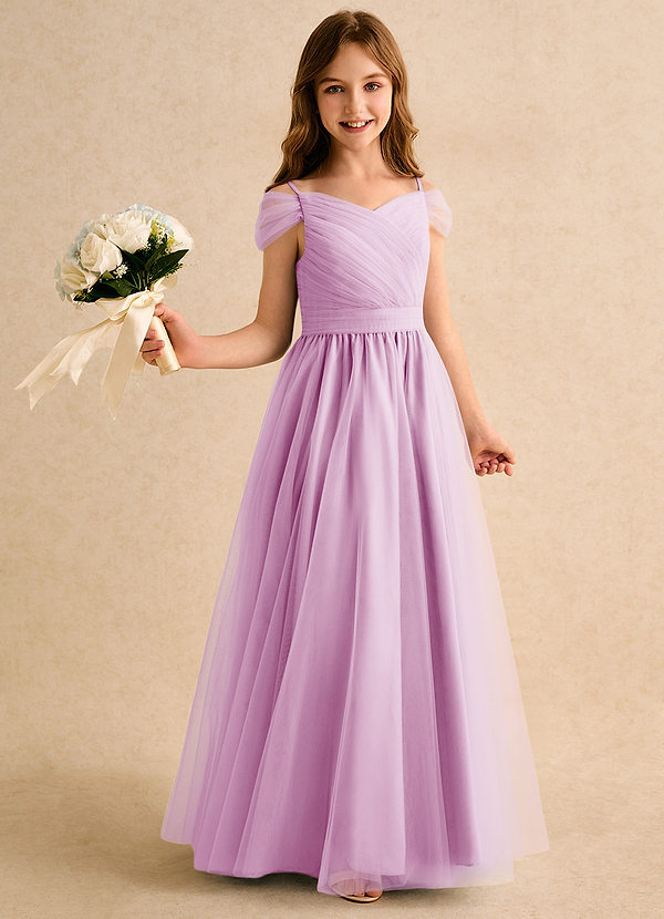 Azazie Yuna Girls Formal Abiti da Ragazza di Fiori Abito A-Line in Tulle a Spalla Scoperta Rosa Confetto image1