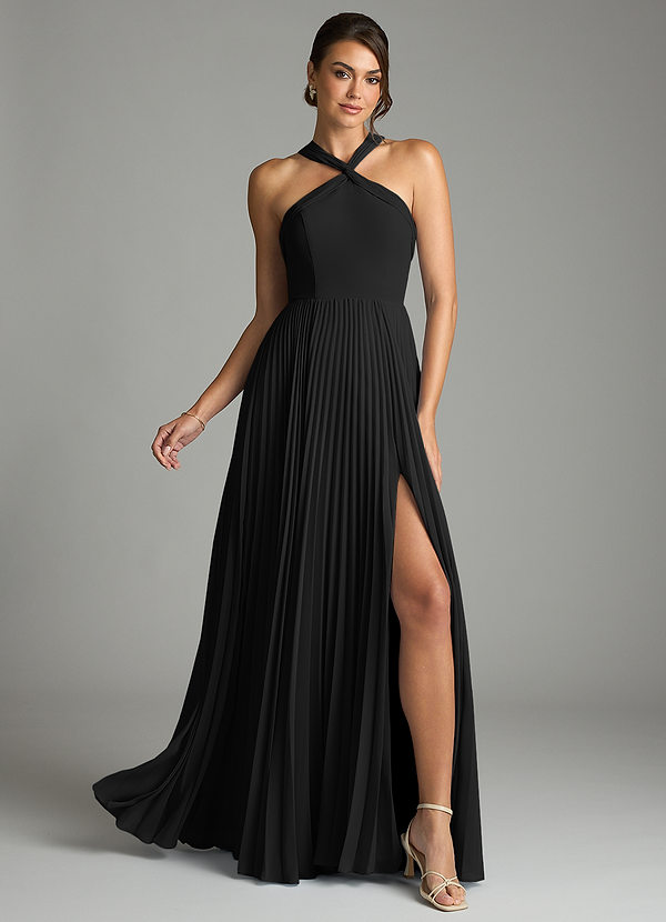 Azazie Afra Abiti da Damigella Abito A-Line in Chiffon Plissettato Nero image1