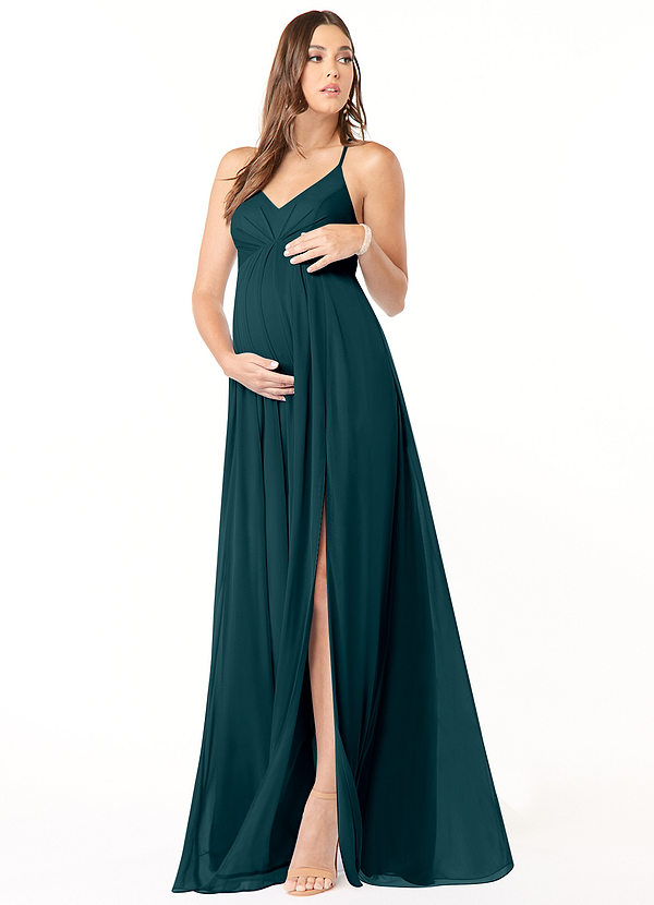 Azazie Annabelle Maternity Bridesmaid Dresses A-Line V-Neck Pleated Mesh Floor-Length Dress image1