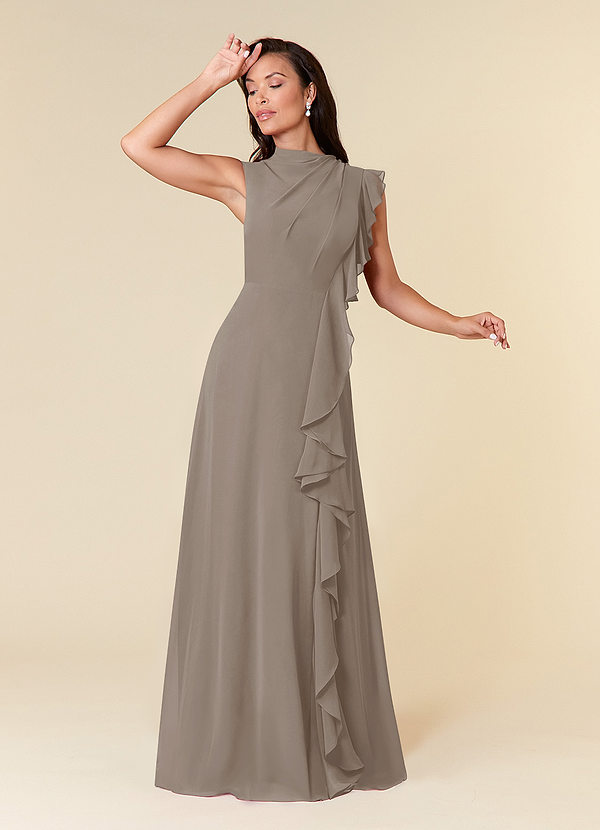 Azazie Narine Mother of the Brides Dresses Taupe A-Line High Neckline Pleated Chiffon Dress image1