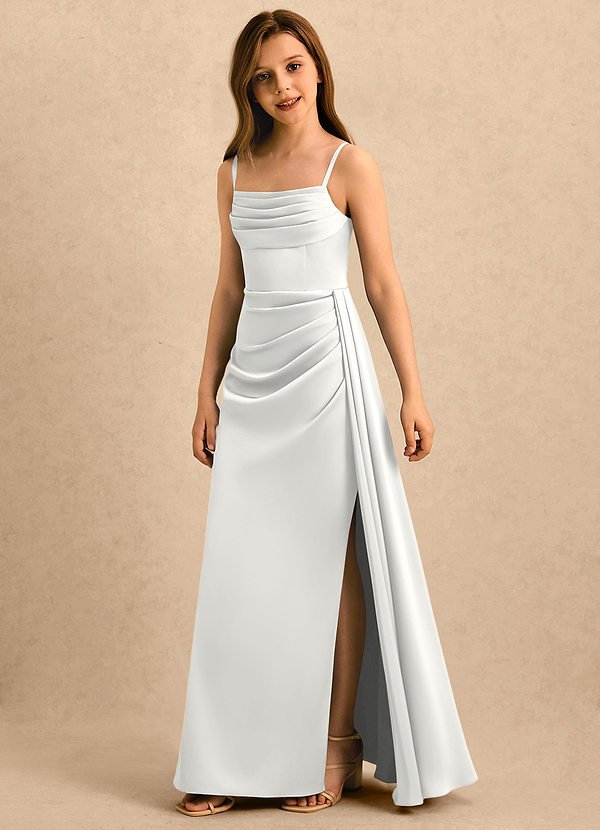 Azazie Shyla Girls Formal Sukienki dla dziewczynek sypiących kwiaty Osłona Pofałdowany Satyna elastyczna Długość podłogi Sukienka image1