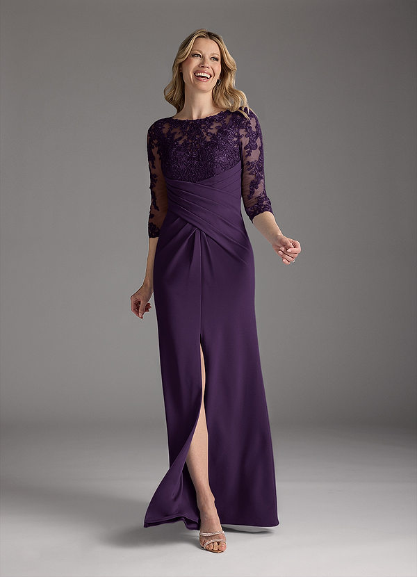 Azazie Margene Mother of the Bride Dresses Plum Sheath Lace Stretch Crepe Dress image1