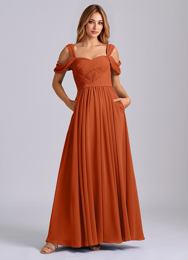 Azazie Koa Vestidos Dama de Honor Vestido de Naranja Quemada de Gasa de Corte en A con Vestidos sin tirantes image1