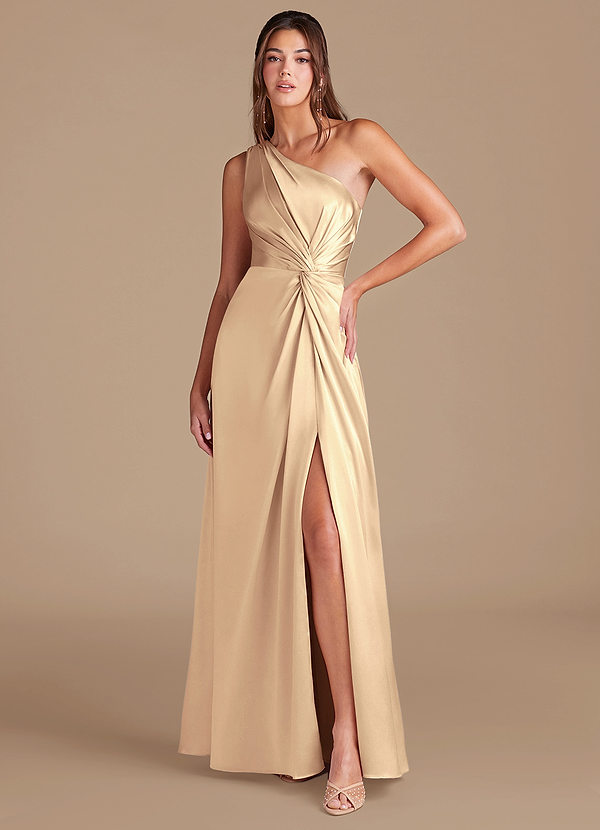 Azazie Brooke Bridesmaid Dresses Gold A-Line One Shoulder Metallic Satin Dress image1