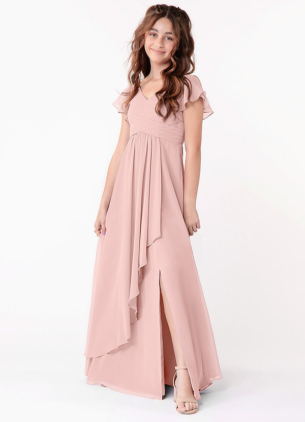 Azazie Omari Junior Powder Pink A-Line Ruched Chiffon Dress image1