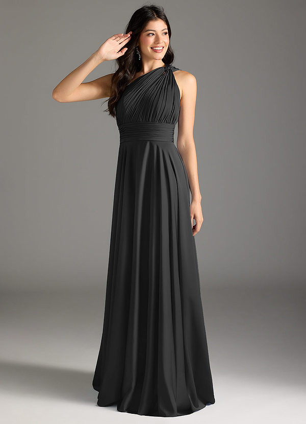 Azazie Charlize Bridesmaid Dresses Black A-Line One Shoulder Stretch Satin Dress image1