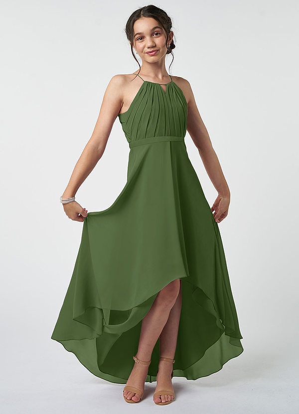 Azazie Oaklynn Junior Olive A-Line Pleated Chiffon Dress image1