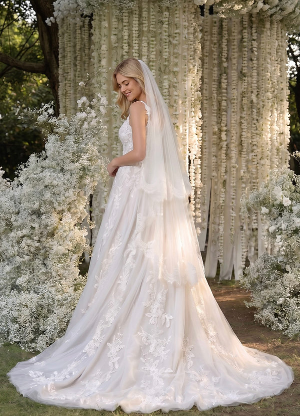 Floral Lace Edge Two Tier Fingertip Wedding Veil with Blusher | Azazie