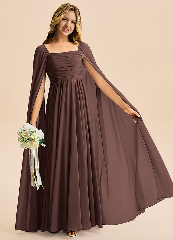 Azazie Calista Junior A라인 주름진 쉬폰 플로어 길이 주니어 신부 들러리 드레스 image1