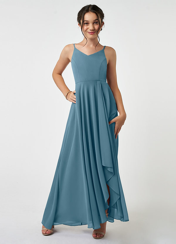 Azazie Collette Junior A-Linie Gestreift Chiffon Kleid Bermudablau image1