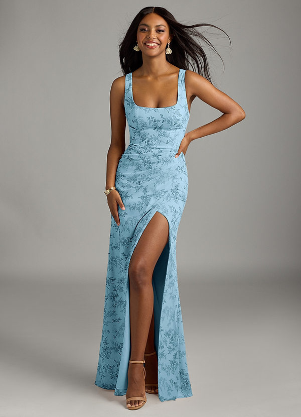 Azazie Mero Bridesmaid Dresses Blue Fern Floral Sheath Pleated Chiffon Dress image1