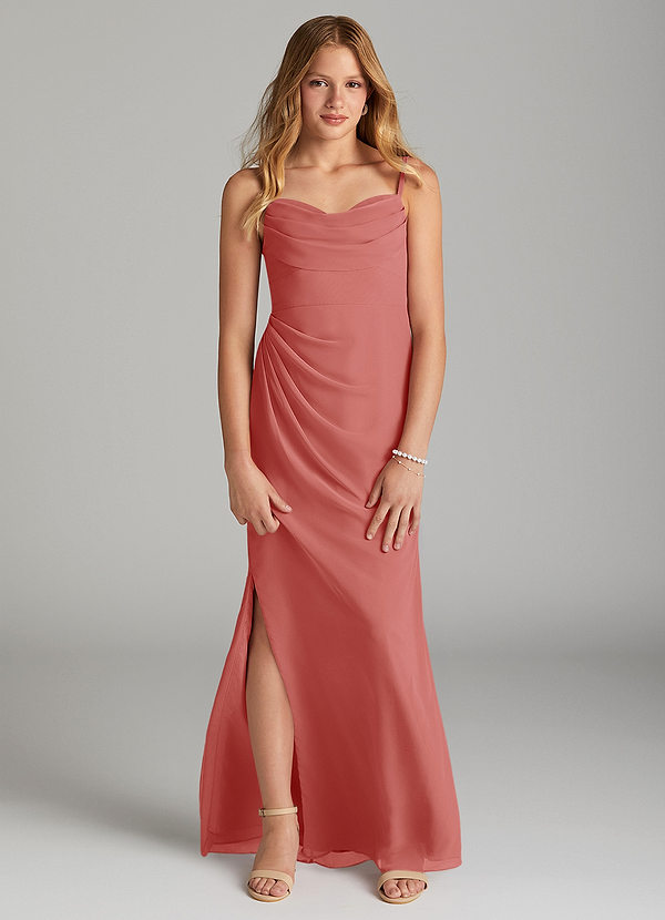 Azazie Mai Junior 쉬스 주름진 쉬폰 플로어 길이 주니어 신부 들러리 드레스 image1