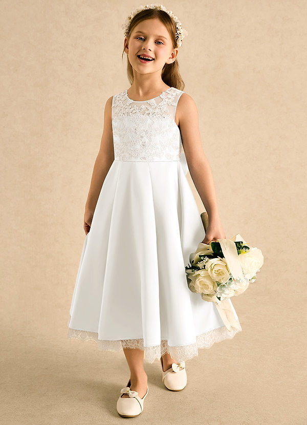 Azazie Amari Flower Girl Dresses Ivory A-Line Lace Matte Satin Dress image1