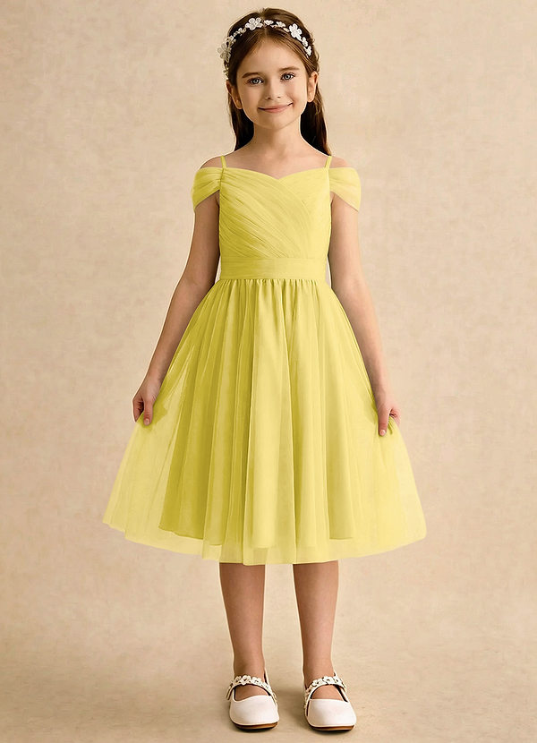 Azazie Lila Girls Formal Robes de Fillette d'Honneur Robe Trapèze en Tulle Épaule décolletée Canari image1