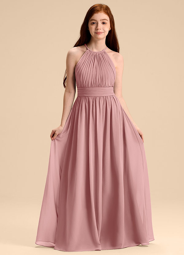 Azazie Malone Junior Robe Trapèze en Mousseline de soie Plissée Rose Poussiéreuse image1