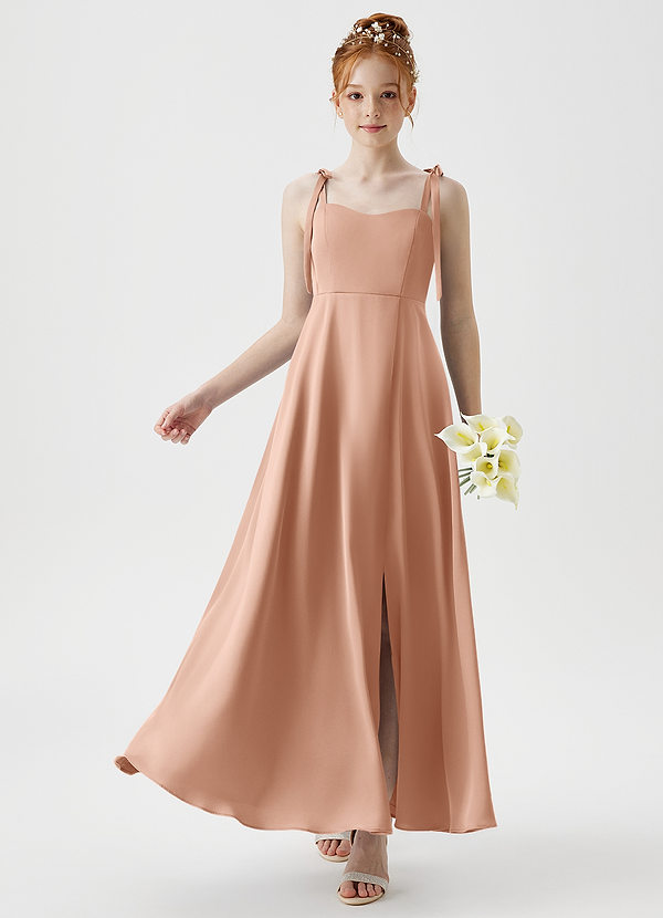 Azazie Rosey Junior Robe Trapèze en Satin extensible Encolure en Forme de Cœur Or Rose image1