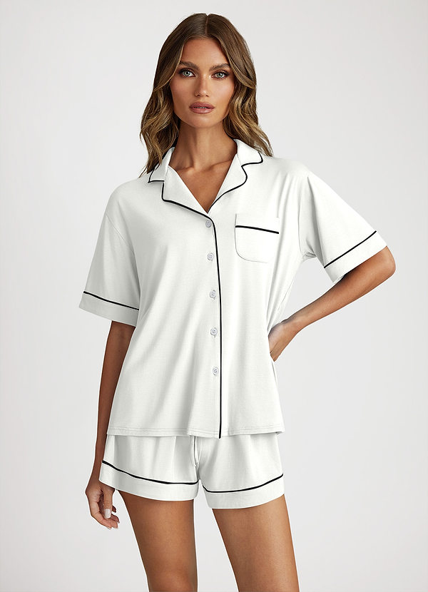 front White Bamboo Fiber Contrast Piping Pajama Set