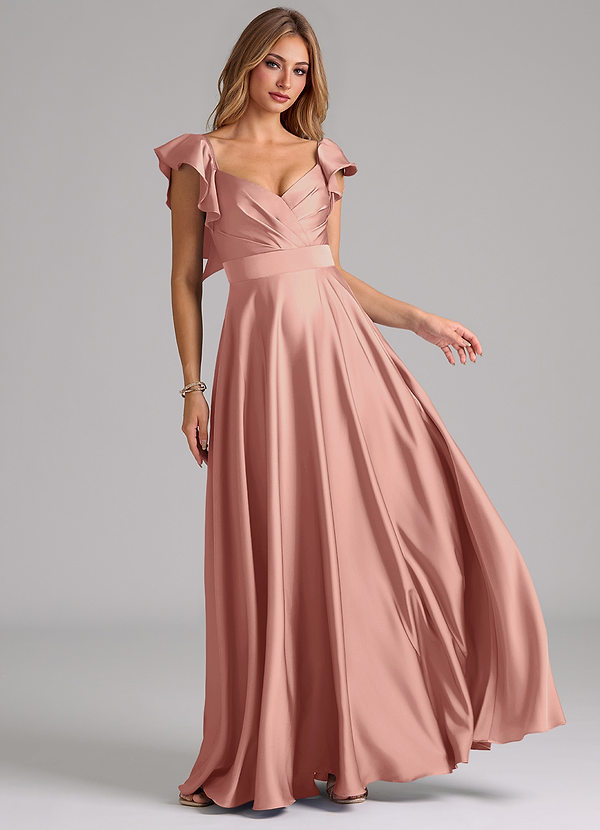 Azazie Leilani Bridesmaid Dresses Rosette A-Line Ruched Stretch Satin Dress image1