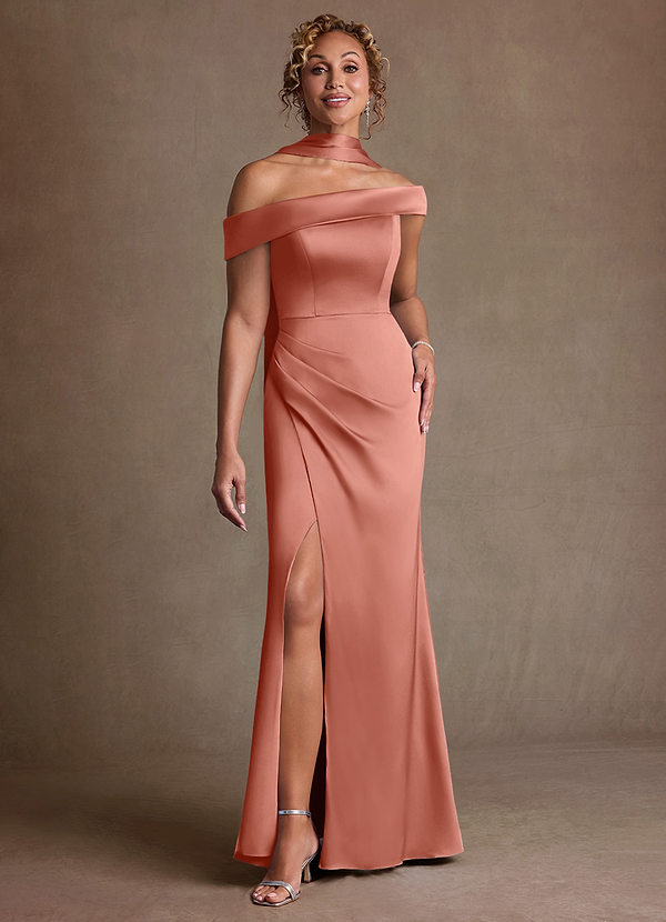 Azazie Kamala Mother of the Brides Dresses Salmon Pink Sheath One Shoulder Stretch Satin Dress image1