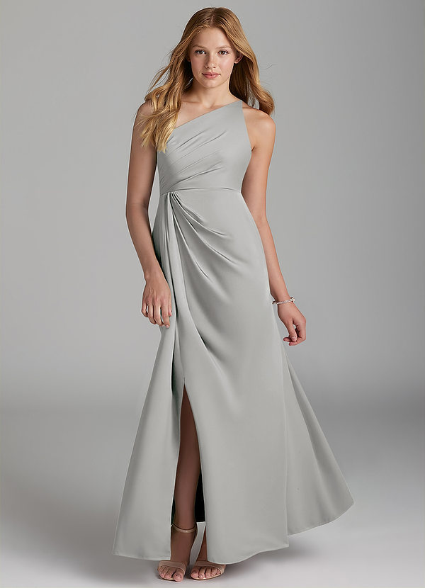 Azazie Mika Junior Vestido de Plata de Satén Elástico de Corte En A con Plisado image1
