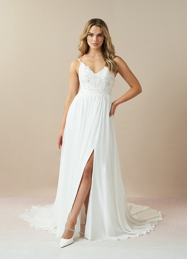 Azazie Gala Wedding Dresses Diamond White Champagne A-Line Lace Chiffon Dress image1