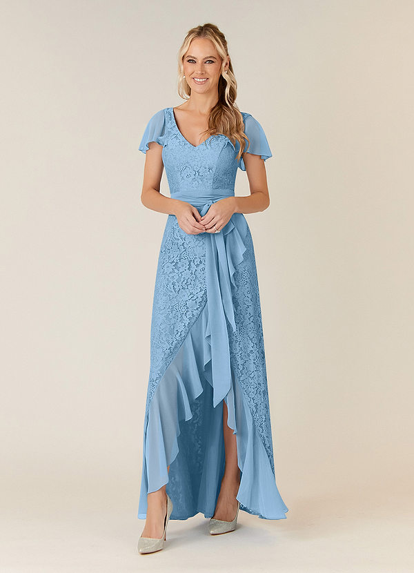 Azazie Knox Steel Blue A-Line V-Neck Chiffon Dress Ready to Ship