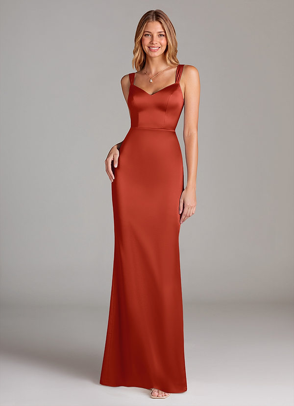 Azazie Denice Bridesmaid Dresses Rust Sheath Pleated Stretch Satin Dress image1