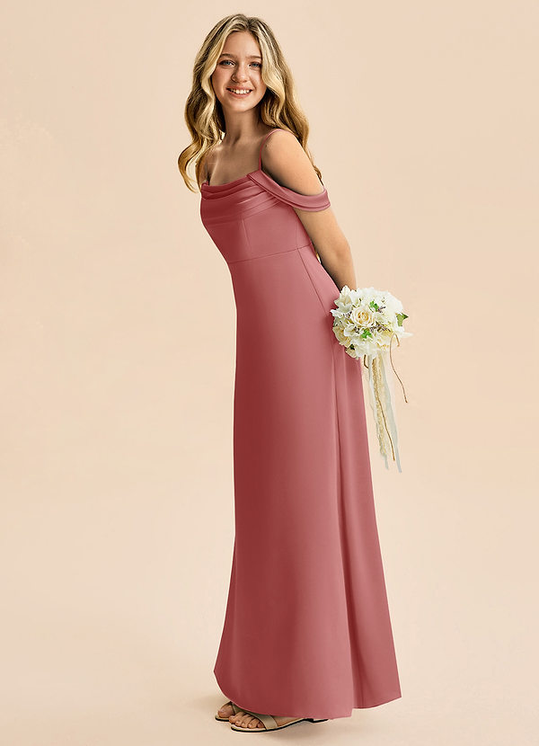 Azazie Lettie Junior Jurk van Stretch Satijn met A-Lijn Off the Shoulder Antieke Roos image1