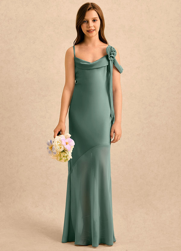 Azazie Kai Girls Formal Sukienki dla dziewczynek sypiących kwiaty Osłona Pofałdowany Satyna elastyczna Długość podłogi Sukienka image1