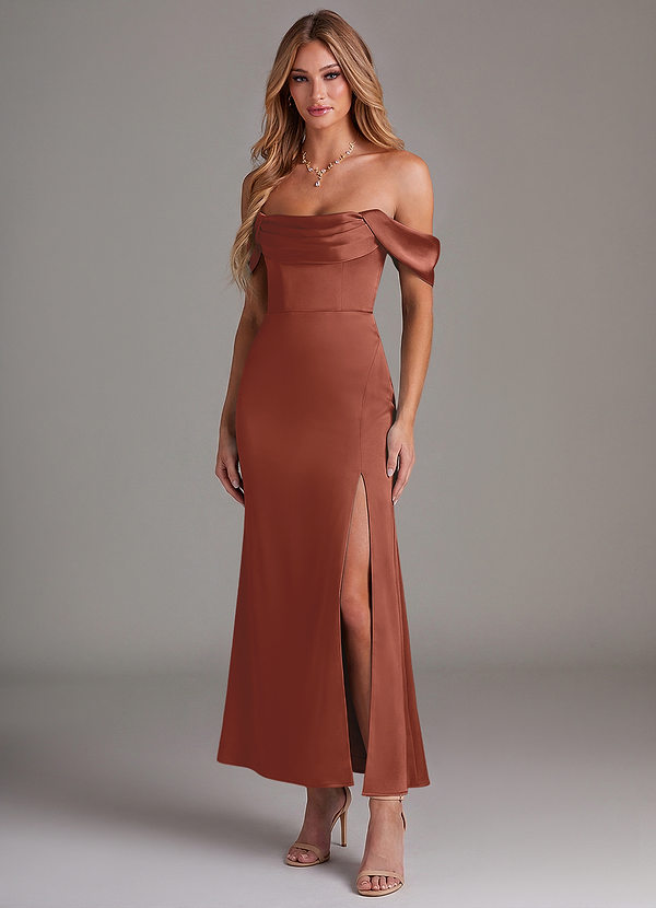 Azazie Saige 신부 들러리 드레스 인어 오프 더 숄더 스트레치 새틴 발목 길이 드레스 image1