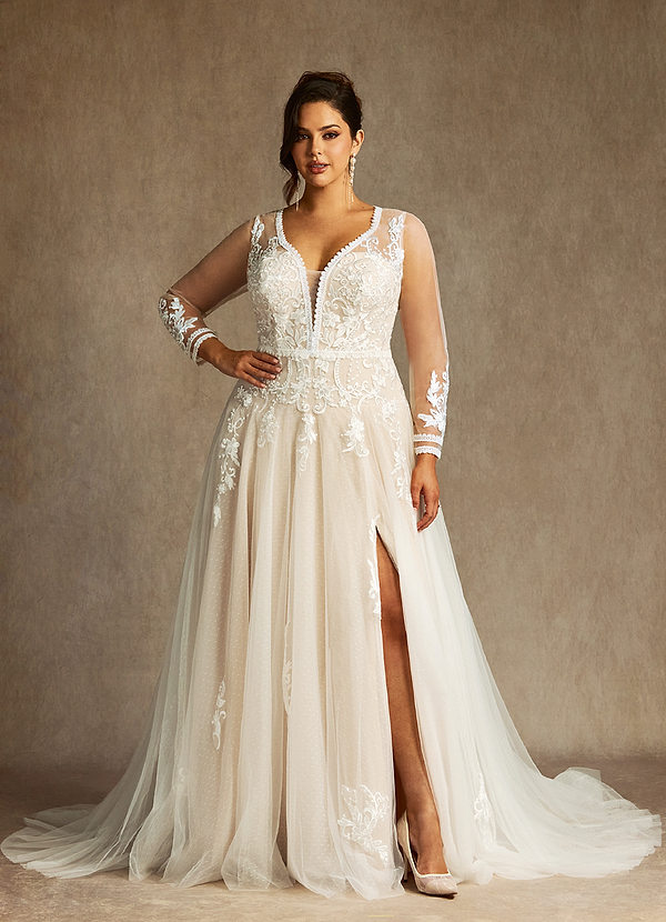 Azazie Ariya Wedding Dresses Diamond White Champagne A-Line Lace Tulle Dress image1