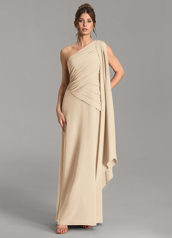 Azazie Ayra Robes de demoiselle d'honneur Robe Trapèze en Mousseline de soie Asymétrique Champagne image1