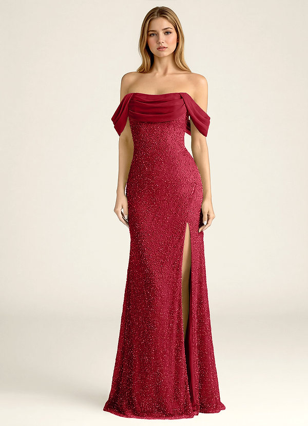 Elowencyn Bourgondië Galajurk van chiffon met kralen, mesh en satijnen afwerking image1