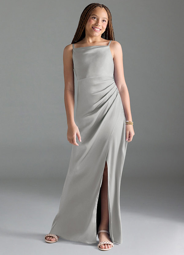 Azazie Leonis Junior Silver A-Line Pleated Stretch Satin Dress image1