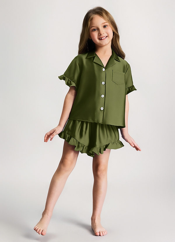 front Olive Girls Ruffled Short Sleeve Pajama Set