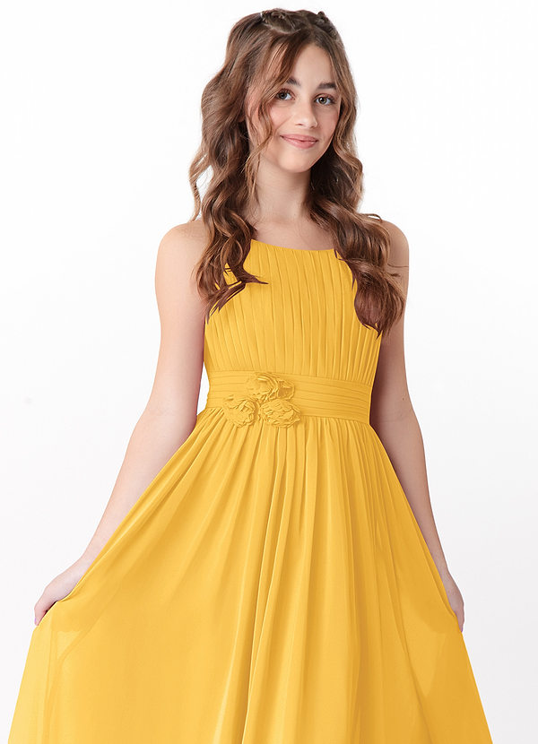 Azazie Astrid Junior Marigold A-Line Floral Chiffon Dress image1