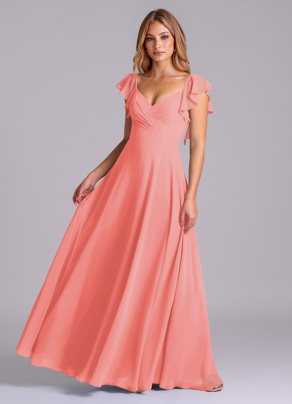 Azazie Leilani Bridesmaid Dresses Coral A-Line Pleated Chiffon Dress image1