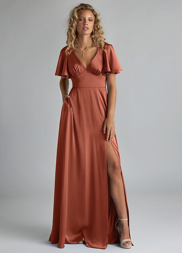 Azazie Kimber Bridesmaid Dresses Clay A-Line Ruched Stretch Satin Dress image1