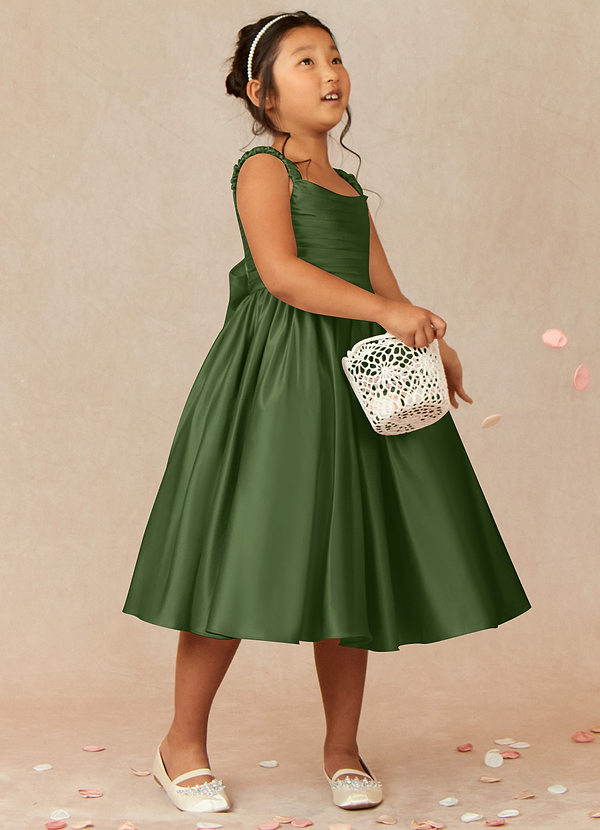 Azazie Cutie Pie Flower Girl Dresses Olive A-Line Pleated Matte Satin Dress image1